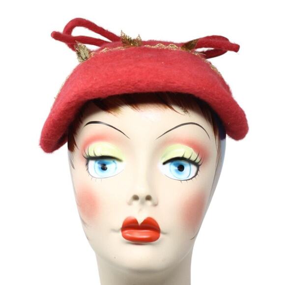 Vintage Hat Red Cascasine Fur Metallic Trim Big Bow Gage Brothers Tag - Hey Viv - Picture 4 of 9